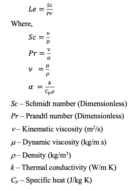 Lewis number relationship with the Schmidt number (Sc) and the Prandtl number (Pr)